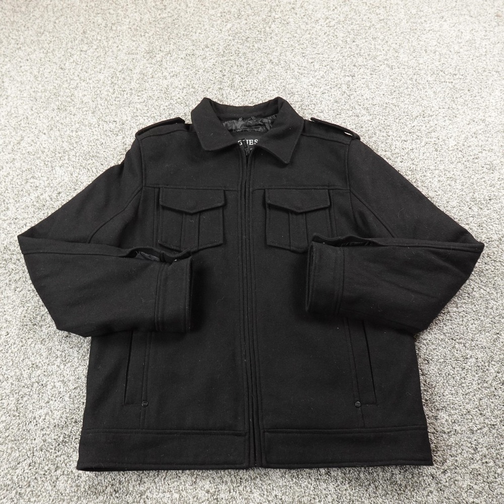 Guess Jacket Mens M Black Wool Military Quilted Lined Full Zip Heavy Coat Goth